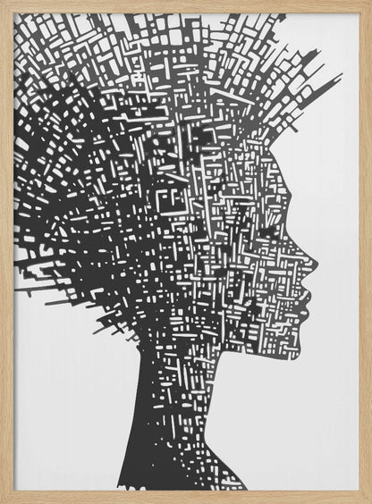 A black and white abstract artwork featuring the silhouette of a woman in profile against a white background. The silhouette is filled with an intricate, maze-like pattern of white lines and shapes, resembling a circuit board or an aerial city map. The entire piece is encased in a simple black frame. Print