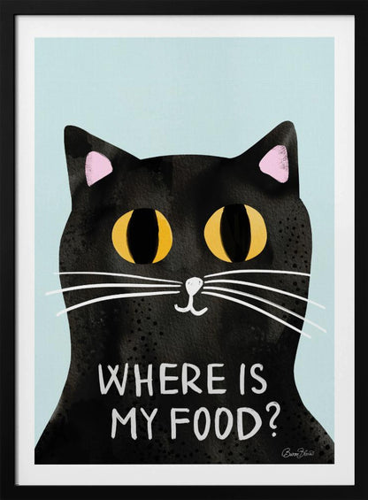 A humorous art print of a black cat with large, expressive yellow eyes looking forward against a light blue background. Below the cat's face, the phrase 'WHERE IS MY FOOD?' is written in a white, uppercase, handwritten-style font. Wall Art
