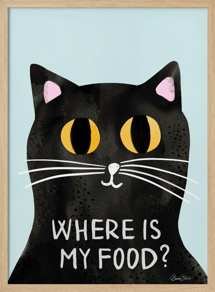A humorous art print of a black cat with large, expressive yellow eyes looking forward against a light blue background. Below the cat's face, the phrase 'WHERE IS MY FOOD?' is written in a white, uppercase, handwritten-style font. Wall Art