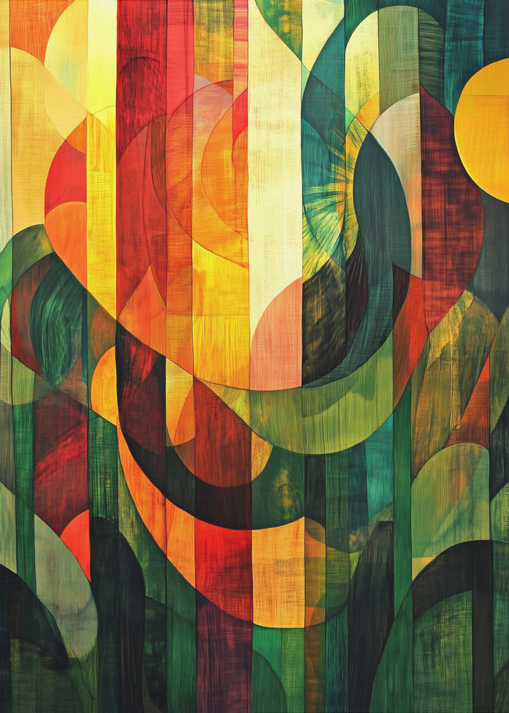 A vibrant abstract artwork with a wood grain texture, featuring vertical stripes overlaid with curved and circular shapes. The color palette shifts from warm reds and yellows on the left to cool, deep greens on the right, all enclosed in a thin black frame. Artwork