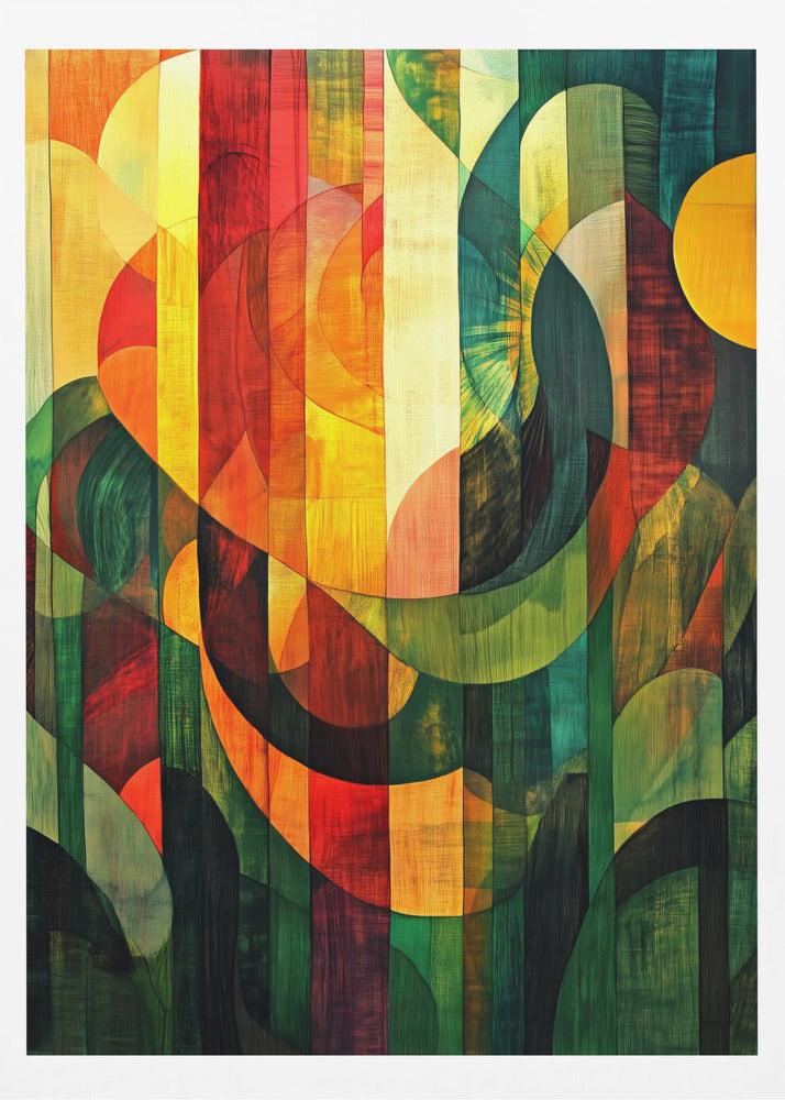 A vibrant abstract artwork with a wood grain texture, featuring vertical stripes overlaid with curved and circular shapes. The color palette shifts from warm reds and yellows on the left to cool, deep greens on the right, all enclosed in a thin black frame. Artwork