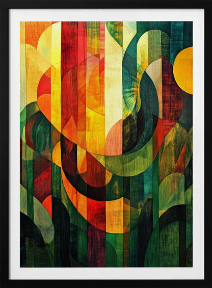 A vibrant abstract artwork with a wood grain texture, featuring vertical stripes overlaid with curved and circular shapes. The color palette shifts from warm reds and yellows on the left to cool, deep greens on the right, all enclosed in a thin black frame. Artwork