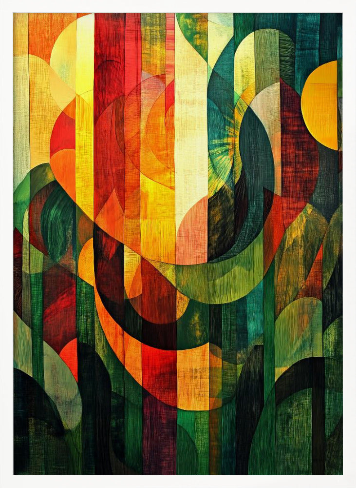 A vibrant abstract artwork with a wood grain texture, featuring vertical stripes overlaid with curved and circular shapes. The color palette shifts from warm reds and yellows on the left to cool, deep greens on the right, all enclosed in a thin black frame. Artwork
