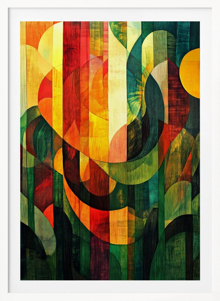 A vibrant abstract artwork with a wood grain texture, featuring vertical stripes overlaid with curved and circular shapes. The color palette shifts from warm reds and yellows on the left to cool, deep greens on the right, all enclosed in a thin black frame. Artwork
