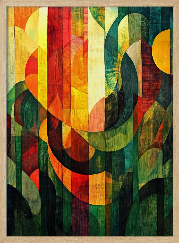 A vibrant abstract artwork with a wood grain texture, featuring vertical stripes overlaid with curved and circular shapes. The color palette shifts from warm reds and yellows on the left to cool, deep greens on the right, all enclosed in a thin black frame. Artwork