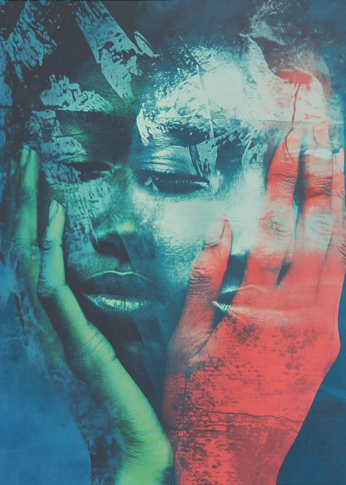 An abstract, heavily textured portrait of a person holding their face in their hands. The artwork uses a dramatic color palette of deep blues, teals, and black, with one hand rendered in a striking red and the other in a greenish hue, creating a fragmented and emotional visual. Poster
