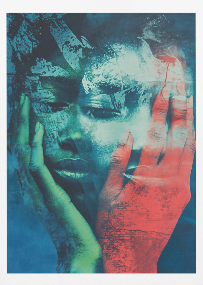 An abstract, heavily textured portrait of a person holding their face in their hands. The artwork uses a dramatic color palette of deep blues, teals, and black, with one hand rendered in a striking red and the other in a greenish hue, creating a fragmented and emotional visual. Poster