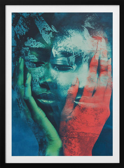 An abstract, heavily textured portrait of a person holding their face in their hands. The artwork uses a dramatic color palette of deep blues, teals, and black, with one hand rendered in a striking red and the other in a greenish hue, creating a fragmented and emotional visual. Poster