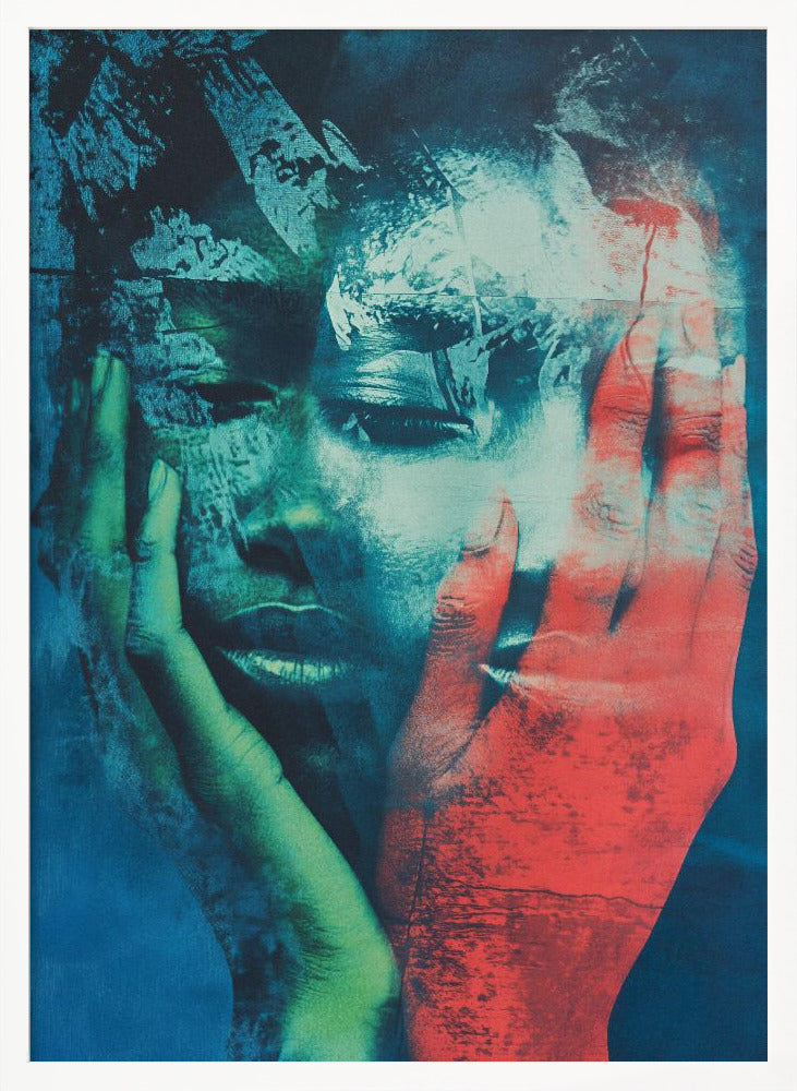 An abstract, heavily textured portrait of a person holding their face in their hands. The artwork uses a dramatic color palette of deep blues, teals, and black, with one hand rendered in a striking red and the other in a greenish hue, creating a fragmented and emotional visual. Poster
