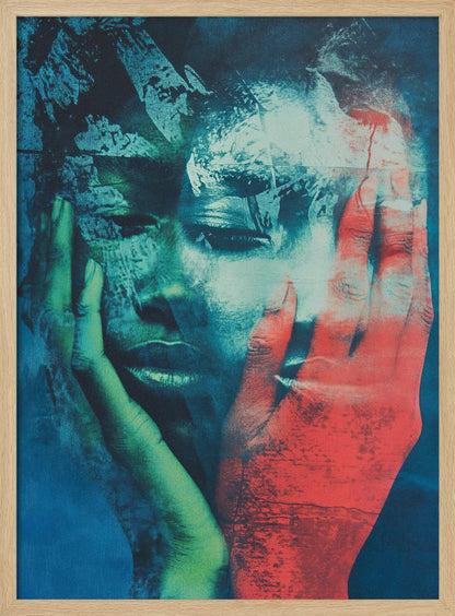 An abstract, heavily textured portrait of a person holding their face in their hands. The artwork uses a dramatic color palette of deep blues, teals, and black, with one hand rendered in a striking red and the other in a greenish hue, creating a fragmented and emotional visual. Poster