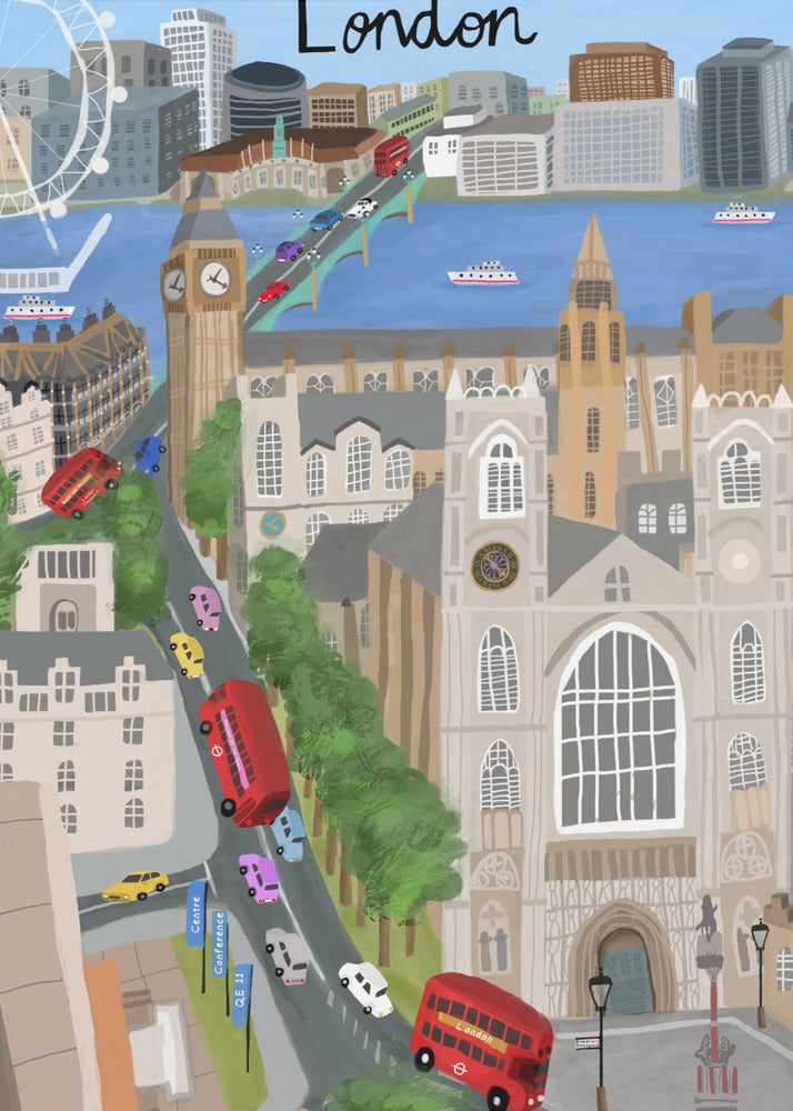 A stylized travel poster illustration of London, featuring iconic landmarks like Big Ben, Westminster Abbey, and the London Eye. The scene is bustling with red double-decker buses and colorful cars crossing a bridge over the River Thames, with the city skyline in the background and the word 'London' written at the top. Print