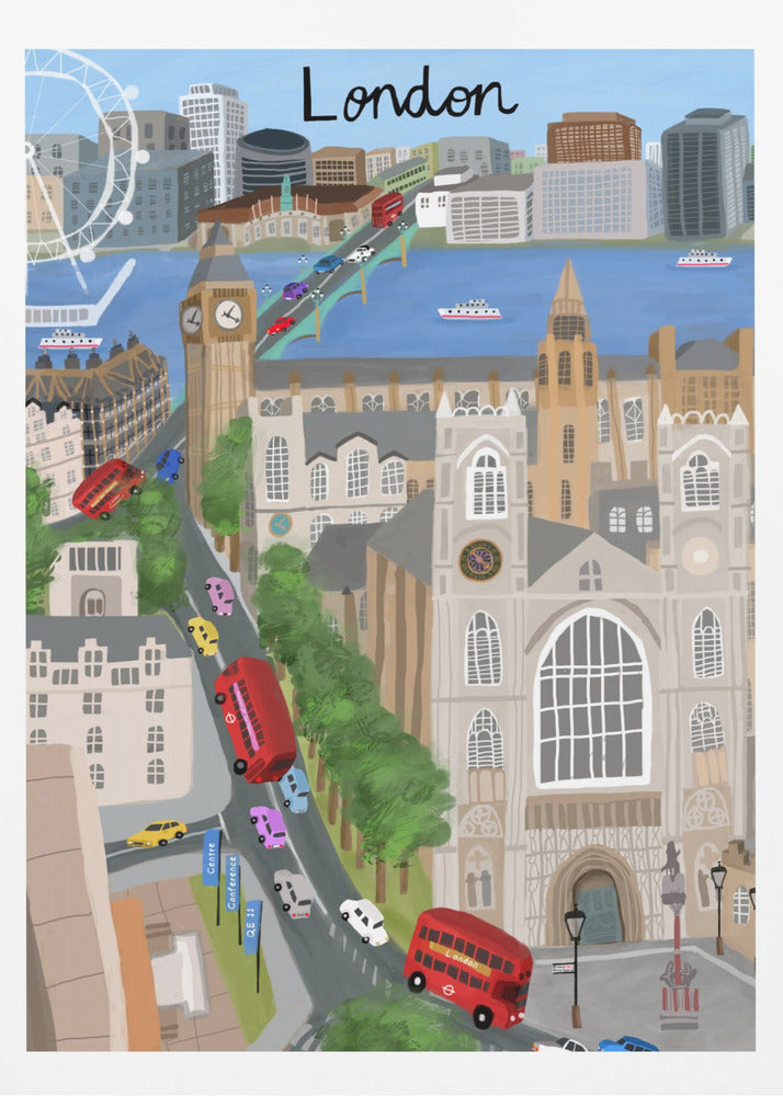 A stylized travel poster illustration of London, featuring iconic landmarks like Big Ben, Westminster Abbey, and the London Eye. The scene is bustling with red double-decker buses and colorful cars crossing a bridge over the River Thames, with the city skyline in the background and the word 'London' written at the top. Print