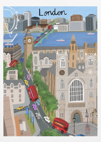 A stylized travel poster illustration of London, featuring iconic landmarks like Big Ben, Westminster Abbey, and the London Eye. The scene is bustling with red double-decker buses and colorful cars crossing a bridge over the River Thames, with the city skyline in the background and the word 'London' written at the top. Print