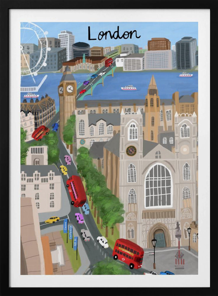 A stylized travel poster illustration of London, featuring iconic landmarks like Big Ben, Westminster Abbey, and the London Eye. The scene is bustling with red double-decker buses and colorful cars crossing a bridge over the River Thames, with the city skyline in the background and the word 'London' written at the top. Print