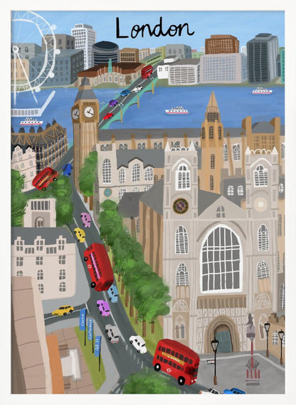 A stylized travel poster illustration of London, featuring iconic landmarks like Big Ben, Westminster Abbey, and the London Eye. The scene is bustling with red double-decker buses and colorful cars crossing a bridge over the River Thames, with the city skyline in the background and the word 'London' written at the top. Print