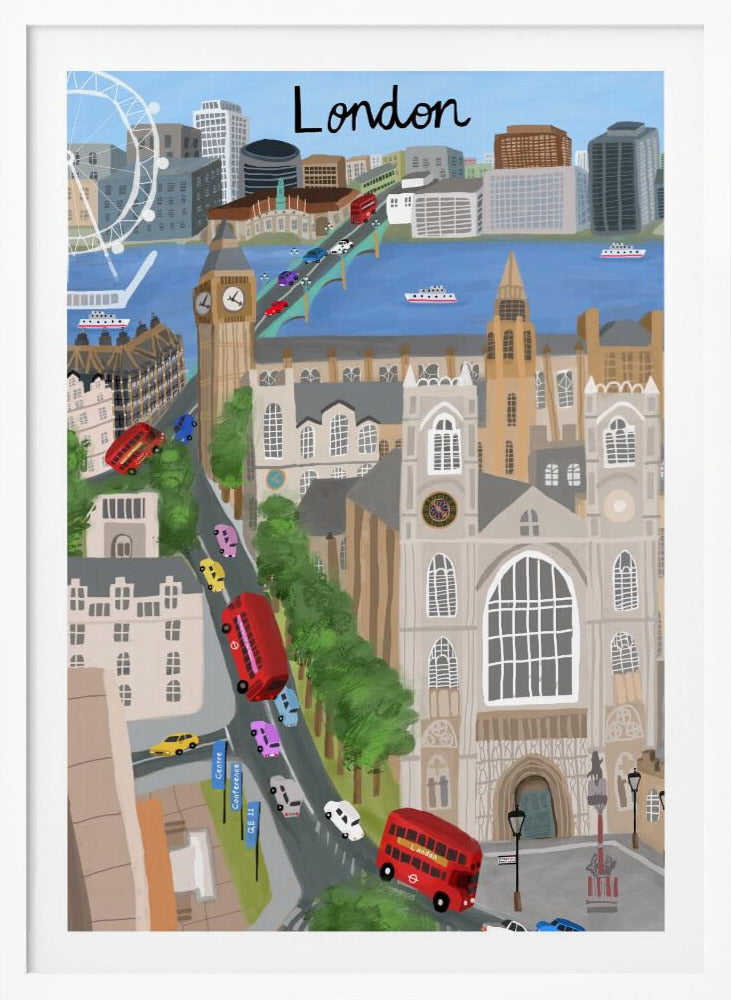 A stylized travel poster illustration of London, featuring iconic landmarks like Big Ben, Westminster Abbey, and the London Eye. The scene is bustling with red double-decker buses and colorful cars crossing a bridge over the River Thames, with the city skyline in the background and the word 'London' written at the top. Print
