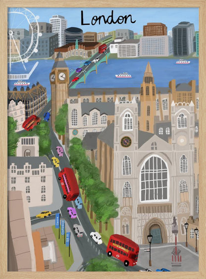 A stylized travel poster illustration of London, featuring iconic landmarks like Big Ben, Westminster Abbey, and the London Eye. The scene is bustling with red double-decker buses and colorful cars crossing a bridge over the River Thames, with the city skyline in the background and the word 'London' written at the top. Print