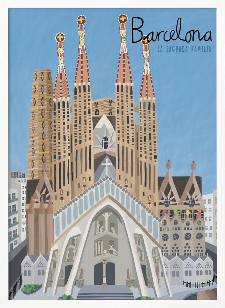 A stylized illustration of the Sagrada Familia in Barcelona, presented as a travel poster. The iconic church with its detailed spires stands against a solid blue sky, with the word 'Barcelona' written in a script font in the top right corner. Wall Art