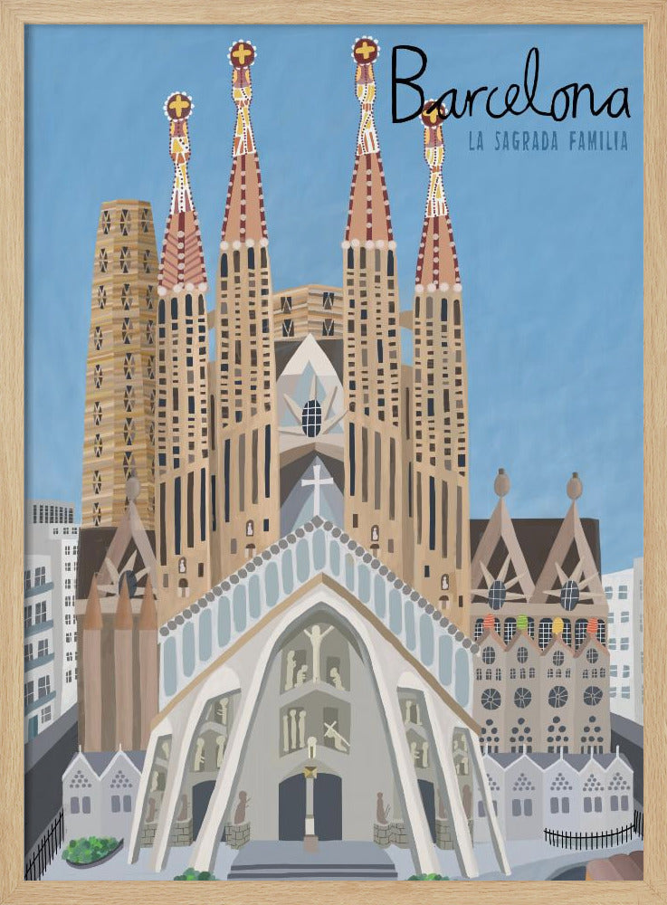 A stylized illustration of the Sagrada Familia in Barcelona, presented as a travel poster. The iconic church with its detailed spires stands against a solid blue sky, with the word 'Barcelona' written in a script font in the top right corner. Wall Art