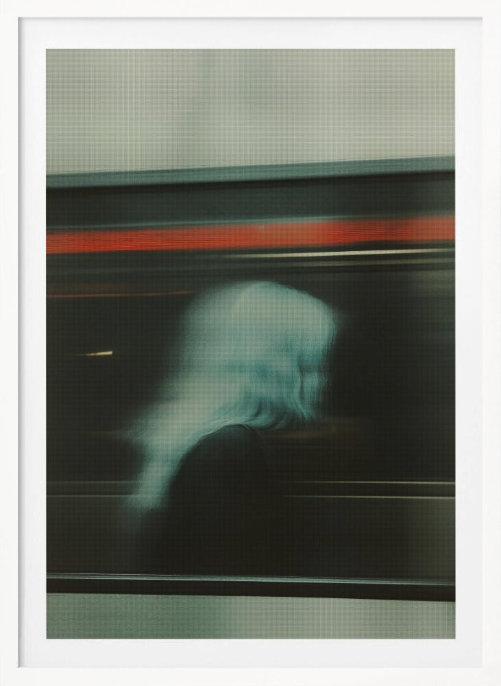 An abstract photograph with motion blur, featuring the ghostly silhouette of a person's head and shoulders in pale blue. The dark background is streaked with horizontal lines of red and white light, suggesting the speed of a passing train or subway. Wall Art