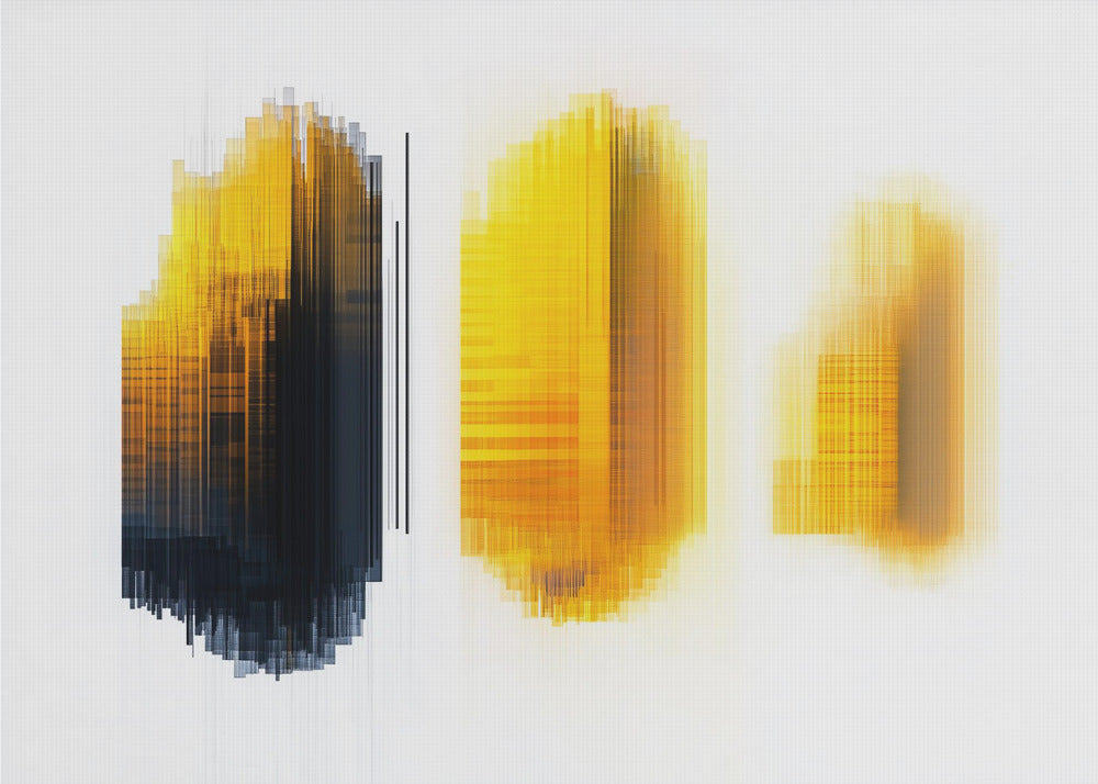 A modern abstract artwork in a silver frame, featuring three vertical formations of lines on a white grid background. The left formation transitions from yellow to black, while the center and right formations are composed of glowing yellow and orange lines, creating a digital, pixelated effect. Poster