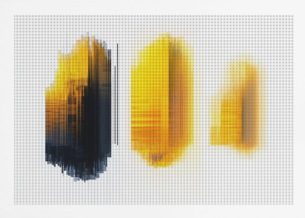 A modern abstract artwork in a silver frame, featuring three vertical formations of lines on a white grid background. The left formation transitions from yellow to black, while the center and right formations are composed of glowing yellow and orange lines, creating a digital, pixelated effect. Poster