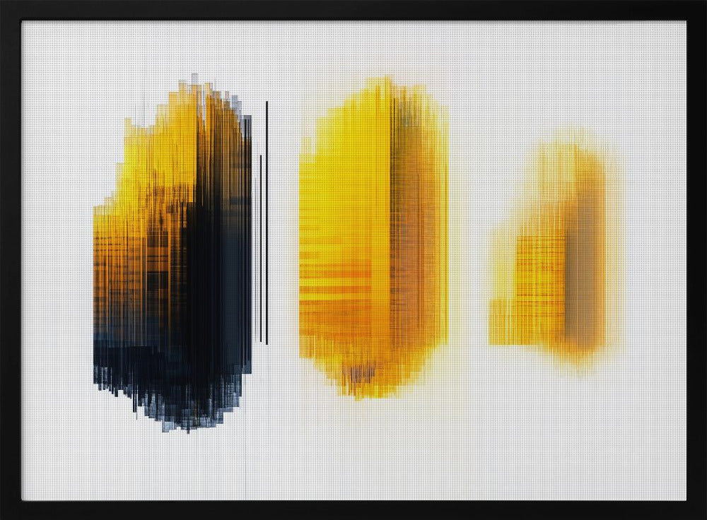 A modern abstract artwork in a silver frame, featuring three vertical formations of lines on a white grid background. The left formation transitions from yellow to black, while the center and right formations are composed of glowing yellow and orange lines, creating a digital, pixelated effect. Poster