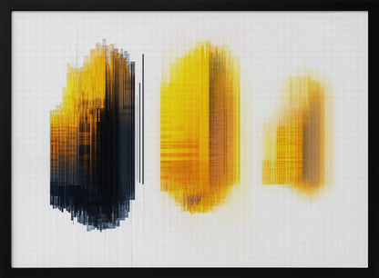 A modern abstract artwork in a silver frame, featuring three vertical formations of lines on a white grid background. The left formation transitions from yellow to black, while the center and right formations are composed of glowing yellow and orange lines, creating a digital, pixelated effect. Poster