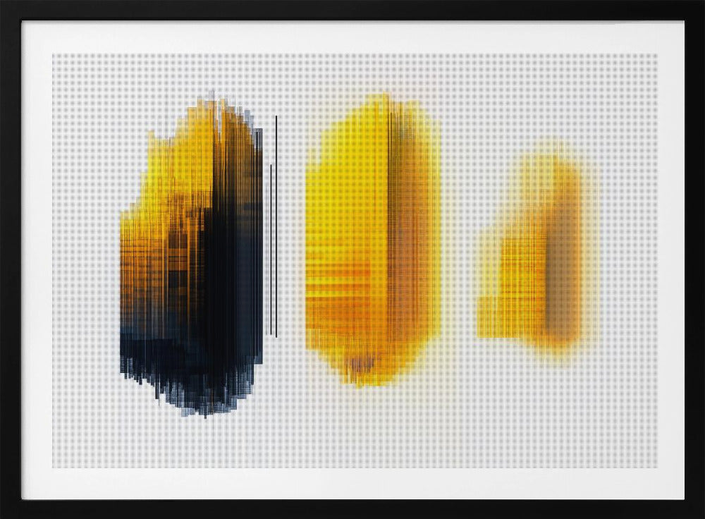 A modern abstract artwork in a silver frame, featuring three vertical formations of lines on a white grid background. The left formation transitions from yellow to black, while the center and right formations are composed of glowing yellow and orange lines, creating a digital, pixelated effect. Poster