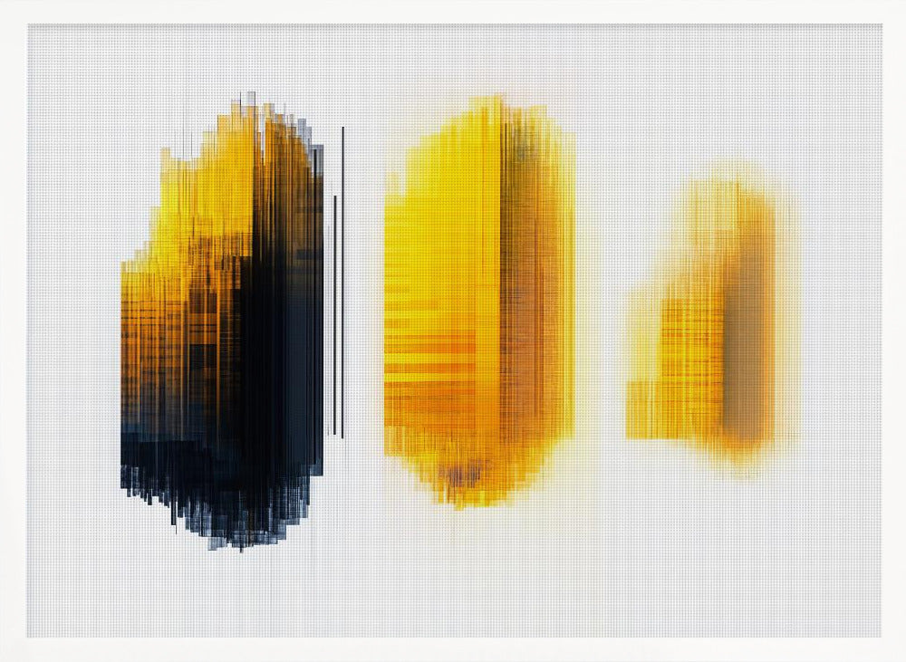 A modern abstract artwork in a silver frame, featuring three vertical formations of lines on a white grid background. The left formation transitions from yellow to black, while the center and right formations are composed of glowing yellow and orange lines, creating a digital, pixelated effect. Poster