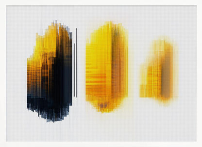 A modern abstract artwork in a silver frame, featuring three vertical formations of lines on a white grid background. The left formation transitions from yellow to black, while the center and right formations are composed of glowing yellow and orange lines, creating a digital, pixelated effect. Poster