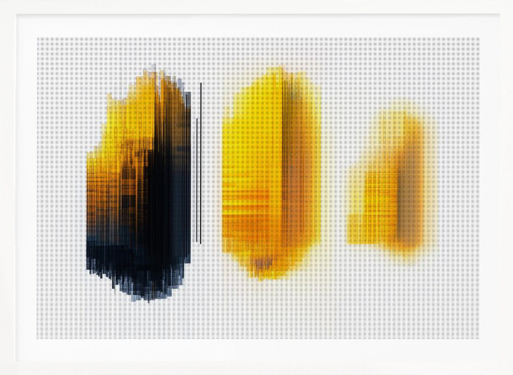 A modern abstract artwork in a silver frame, featuring three vertical formations of lines on a white grid background. The left formation transitions from yellow to black, while the center and right formations are composed of glowing yellow and orange lines, creating a digital, pixelated effect. Poster