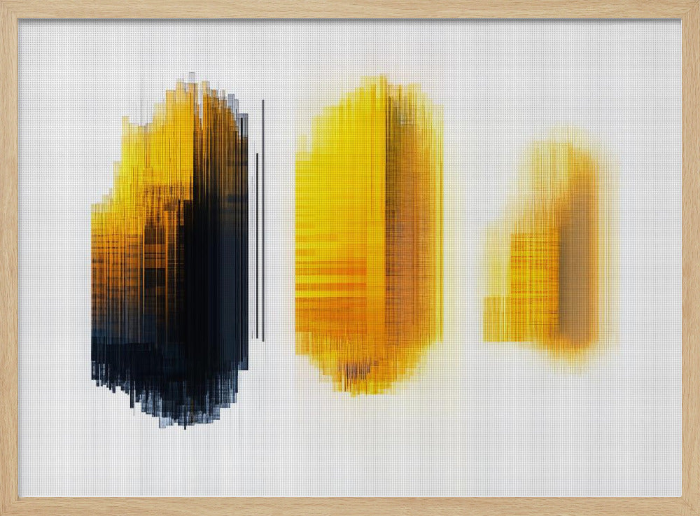 A modern abstract artwork in a silver frame, featuring three vertical formations of lines on a white grid background. The left formation transitions from yellow to black, while the center and right formations are composed of glowing yellow and orange lines, creating a digital, pixelated effect. Poster