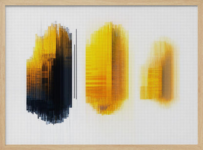 A modern abstract artwork in a silver frame, featuring three vertical formations of lines on a white grid background. The left formation transitions from yellow to black, while the center and right formations are composed of glowing yellow and orange lines, creating a digital, pixelated effect. Poster