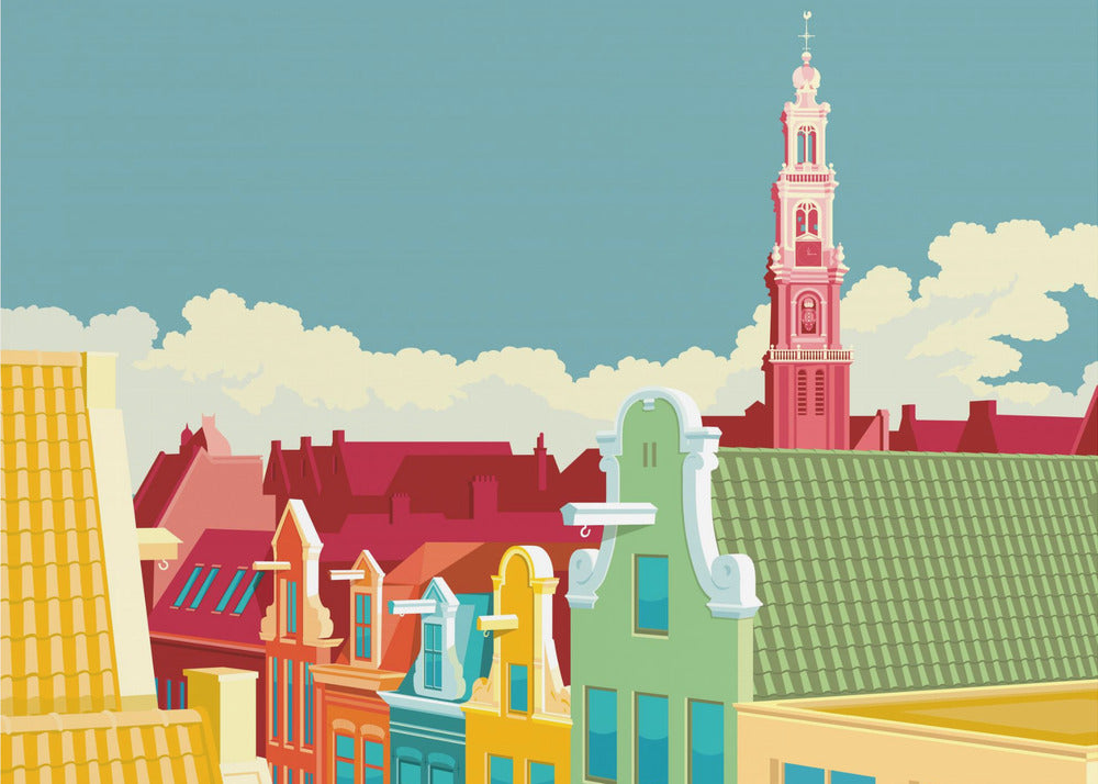 A colorful graphic illustration of the Amsterdam skyline, featuring vibrant gabled houses in green, yellow, and red, with the iconic pink Westerkerk church tower rising against a pale blue sky with white clouds. Decor