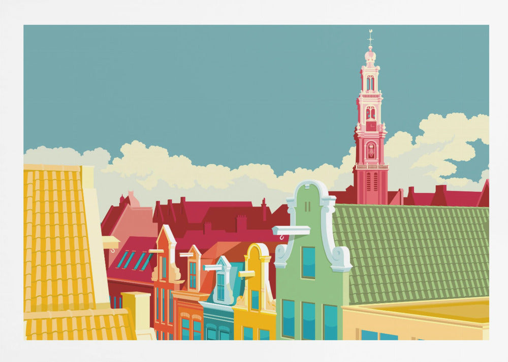 A colorful graphic illustration of the Amsterdam skyline, featuring vibrant gabled houses in green, yellow, and red, with the iconic pink Westerkerk church tower rising against a pale blue sky with white clouds. Decor