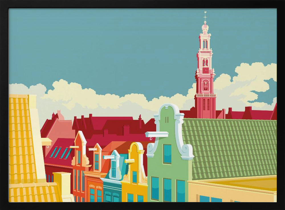 A colorful graphic illustration of the Amsterdam skyline, featuring vibrant gabled houses in green, yellow, and red, with the iconic pink Westerkerk church tower rising against a pale blue sky with white clouds. Decor