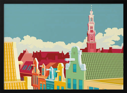 A colorful graphic illustration of the Amsterdam skyline, featuring vibrant gabled houses in green, yellow, and red, with the iconic pink Westerkerk church tower rising against a pale blue sky with white clouds. Decor