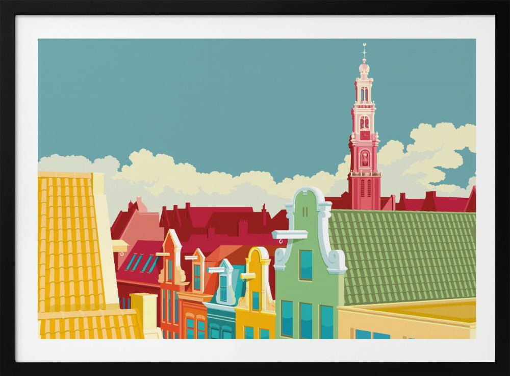 A colorful graphic illustration of the Amsterdam skyline, featuring vibrant gabled houses in green, yellow, and red, with the iconic pink Westerkerk church tower rising against a pale blue sky with white clouds. Decor