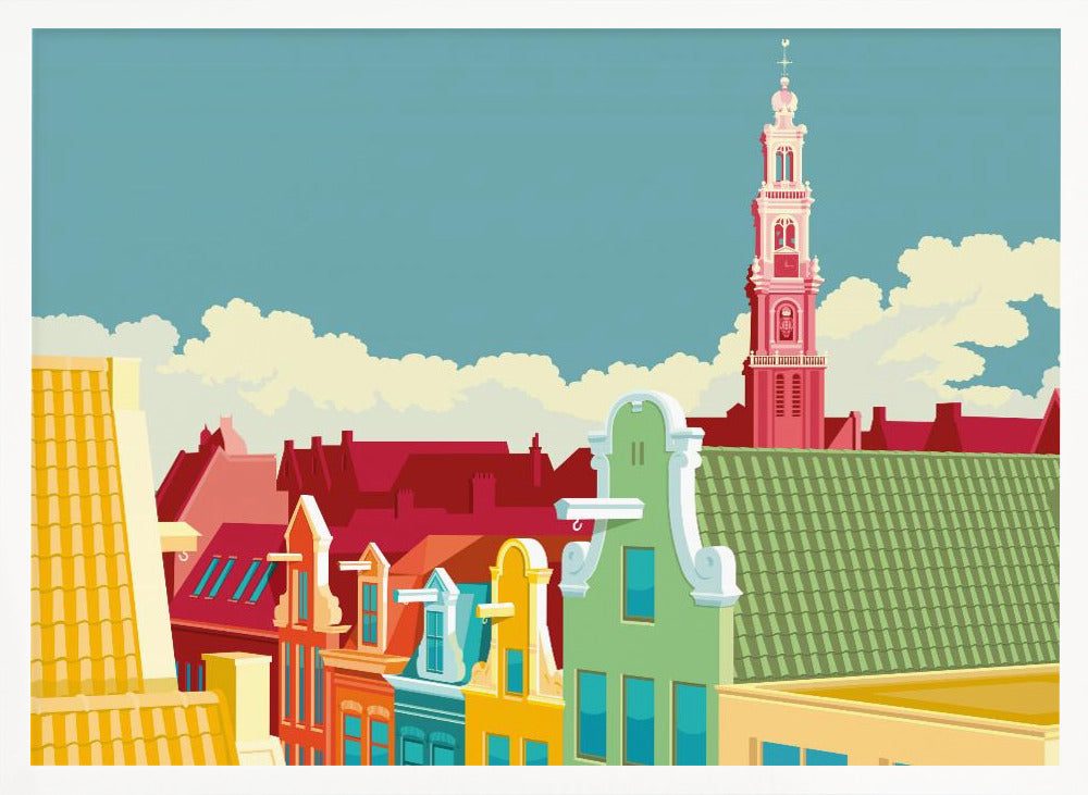 A colorful graphic illustration of the Amsterdam skyline, featuring vibrant gabled houses in green, yellow, and red, with the iconic pink Westerkerk church tower rising against a pale blue sky with white clouds. Decor