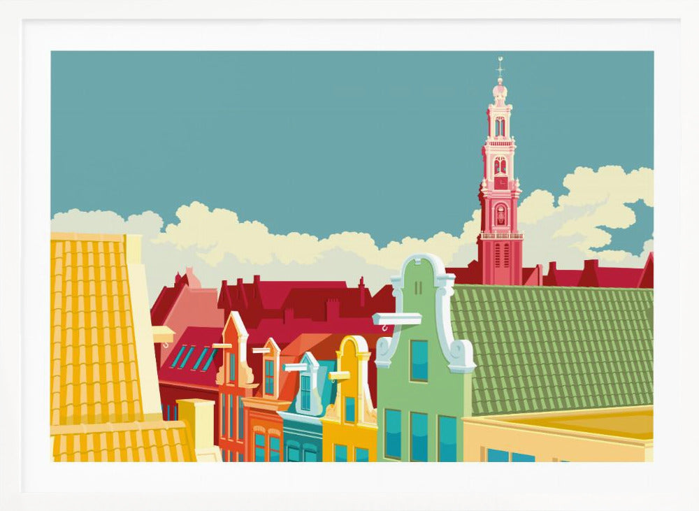 A colorful graphic illustration of the Amsterdam skyline, featuring vibrant gabled houses in green, yellow, and red, with the iconic pink Westerkerk church tower rising against a pale blue sky with white clouds. Decor