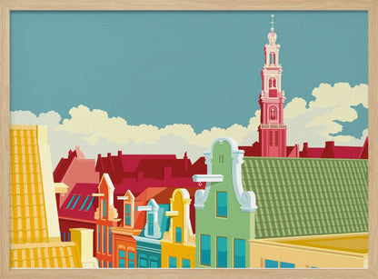 A colorful graphic illustration of the Amsterdam skyline, featuring vibrant gabled houses in green, yellow, and red, with the iconic pink Westerkerk church tower rising against a pale blue sky with white clouds. Decor