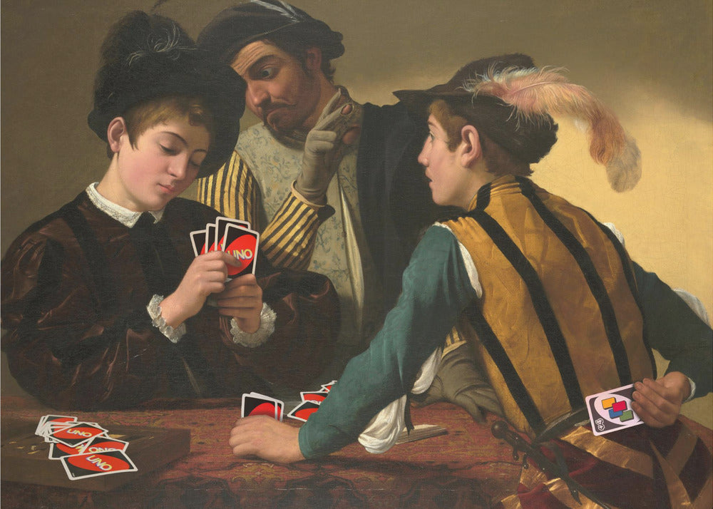 A humorous parody of Caravaggio's classical painting 'The Cardsharps', where the characters are depicted playing the modern card game UNO. An older man cheats by peering at a young player's hand and signaling to his accomplice, who hides a Wild Draw 4 card behind his back. Wall Art
