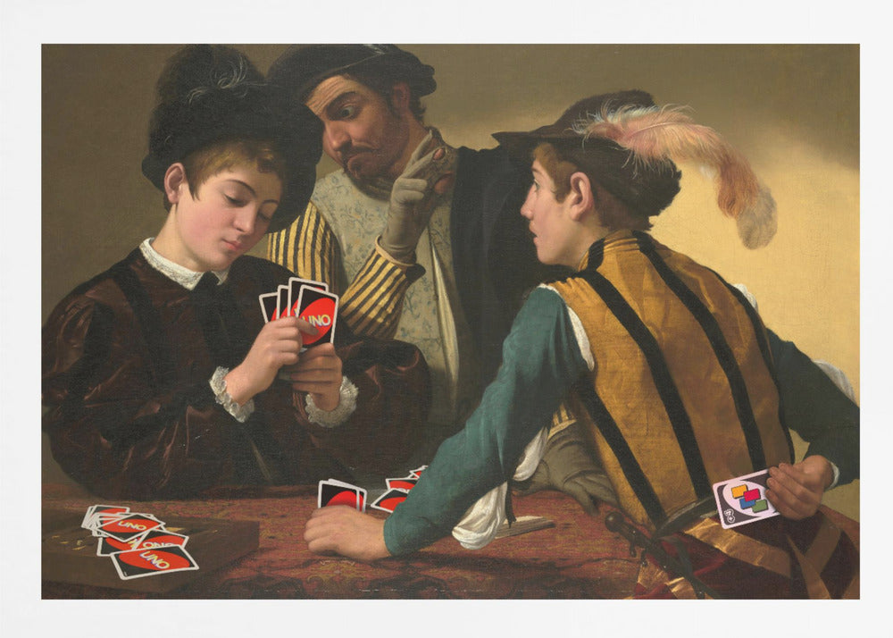 A humorous parody of Caravaggio's classical painting 'The Cardsharps', where the characters are depicted playing the modern card game UNO. An older man cheats by peering at a young player's hand and signaling to his accomplice, who hides a Wild Draw 4 card behind his back. Wall Art