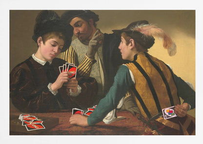 A humorous parody of Caravaggio's classical painting 'The Cardsharps', where the characters are depicted playing the modern card game UNO. An older man cheats by peering at a young player's hand and signaling to his accomplice, who hides a Wild Draw 4 card behind his back. Wall Art