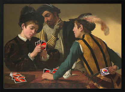 A humorous parody of Caravaggio's classical painting 'The Cardsharps', where the characters are depicted playing the modern card game UNO. An older man cheats by peering at a young player's hand and signaling to his accomplice, who hides a Wild Draw 4 card behind his back. Wall Art