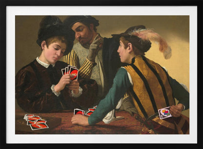 A humorous parody of Caravaggio's classical painting 'The Cardsharps', where the characters are depicted playing the modern card game UNO. An older man cheats by peering at a young player's hand and signaling to his accomplice, who hides a Wild Draw 4 card behind his back. Wall Art
