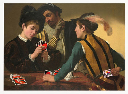 A humorous parody of Caravaggio's classical painting 'The Cardsharps', where the characters are depicted playing the modern card game UNO. An older man cheats by peering at a young player's hand and signaling to his accomplice, who hides a Wild Draw 4 card behind his back. Wall Art