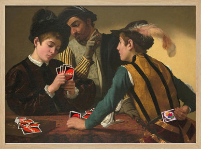 A humorous parody of Caravaggio's classical painting 'The Cardsharps', where the characters are depicted playing the modern card game UNO. An older man cheats by peering at a young player's hand and signaling to his accomplice, who hides a Wild Draw 4 card behind his back. Wall Art