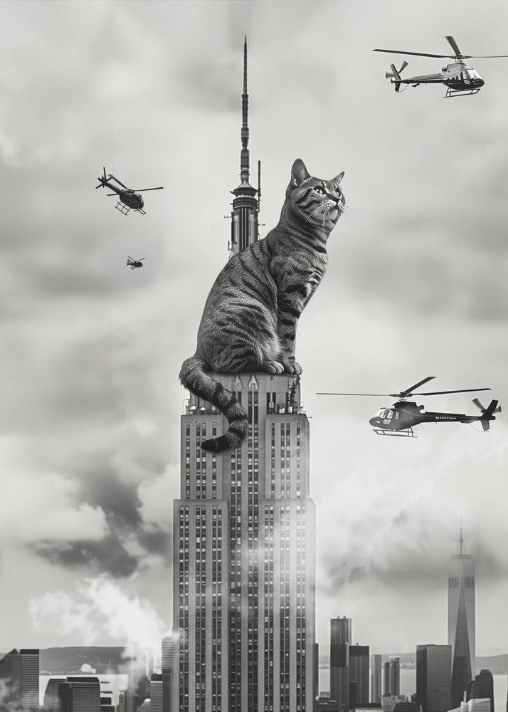 A surreal black and white image depicting a giant tabby cat sitting on top of the Empire State Building, similar to King Kong. Helicopters fly around the colossal cat against a cloudy New York City skyline. Decor